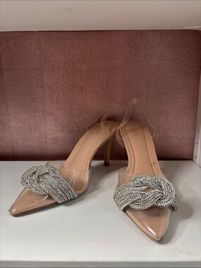 Qupid Clear Slingback Heels with Crystal Knot Accent in Nude